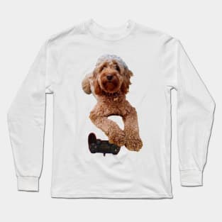 Cavapoo puppy dog gaming 2022 cavalier king charles spaniel poodle with game console. Remote control Long Sleeve T-Shirt